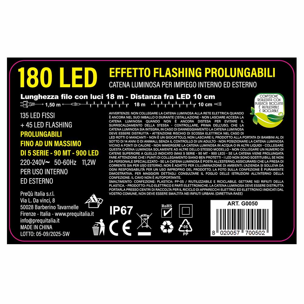 Catena luminosa 180 Jumbo led bianco ghiaccio (45 flashing 135 fissi) filo nero prolungabile 3