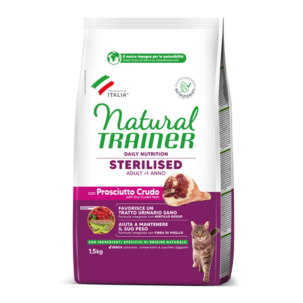 Cibo Secco Natural Trainer Sterilised Adult con Prosciutto Crudo per Gatti 1,5kg 1