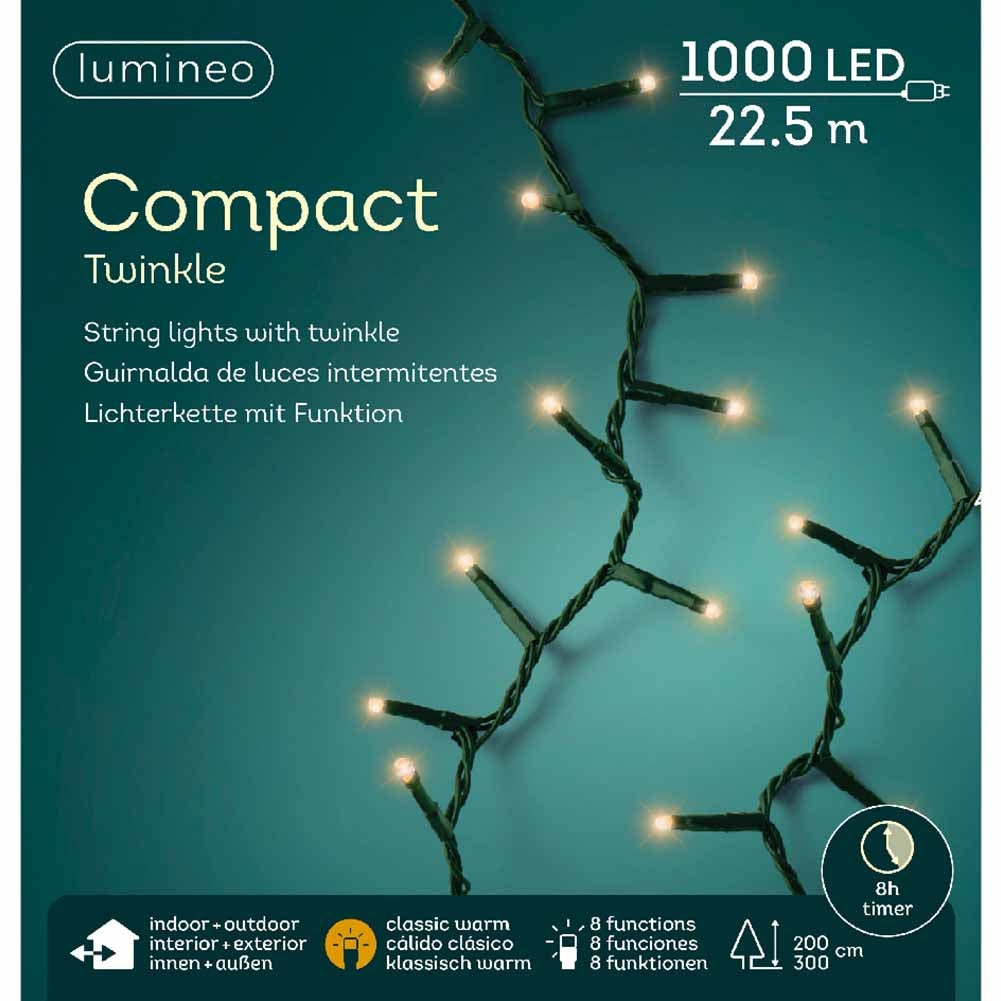 Catena luminosa 1000 led compact luce calda classica filo verde con giochi di luce 22,5m 1