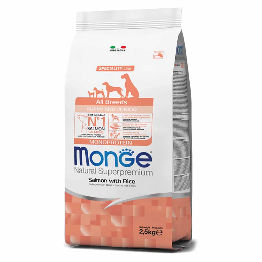 Alimento cane Monge superpremium all breeds puppy e junior salmone e riso 2,5kg 1