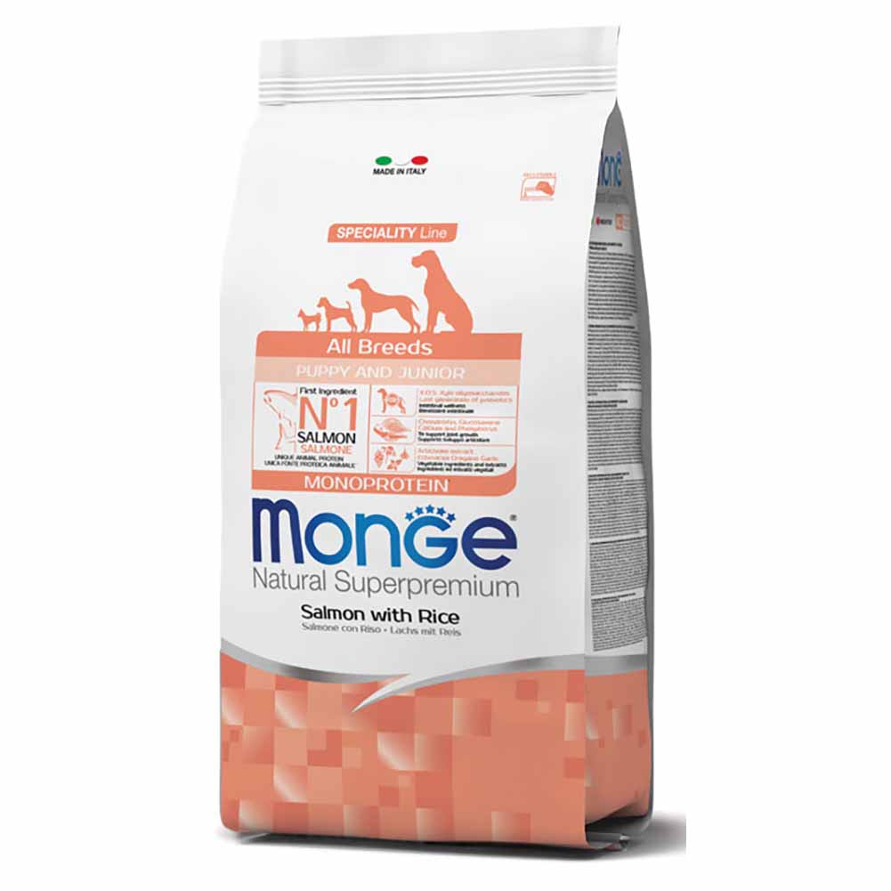 Alimento cane Monge All Breeds Puppy e Junior Salmone e riso 12kg 1