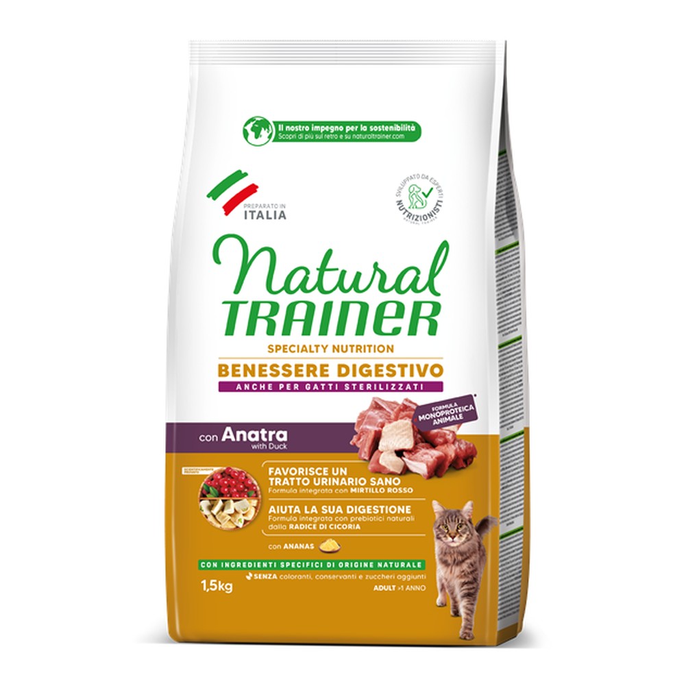 Cibo Secco Natural Trainer Benessere Digestivo Adult con Anatra per Gatti 1,5kg 1