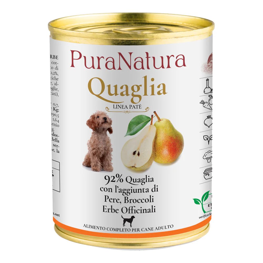 Paté Pura Natura Quaglia e Pere per Cani Adulti 400g 1