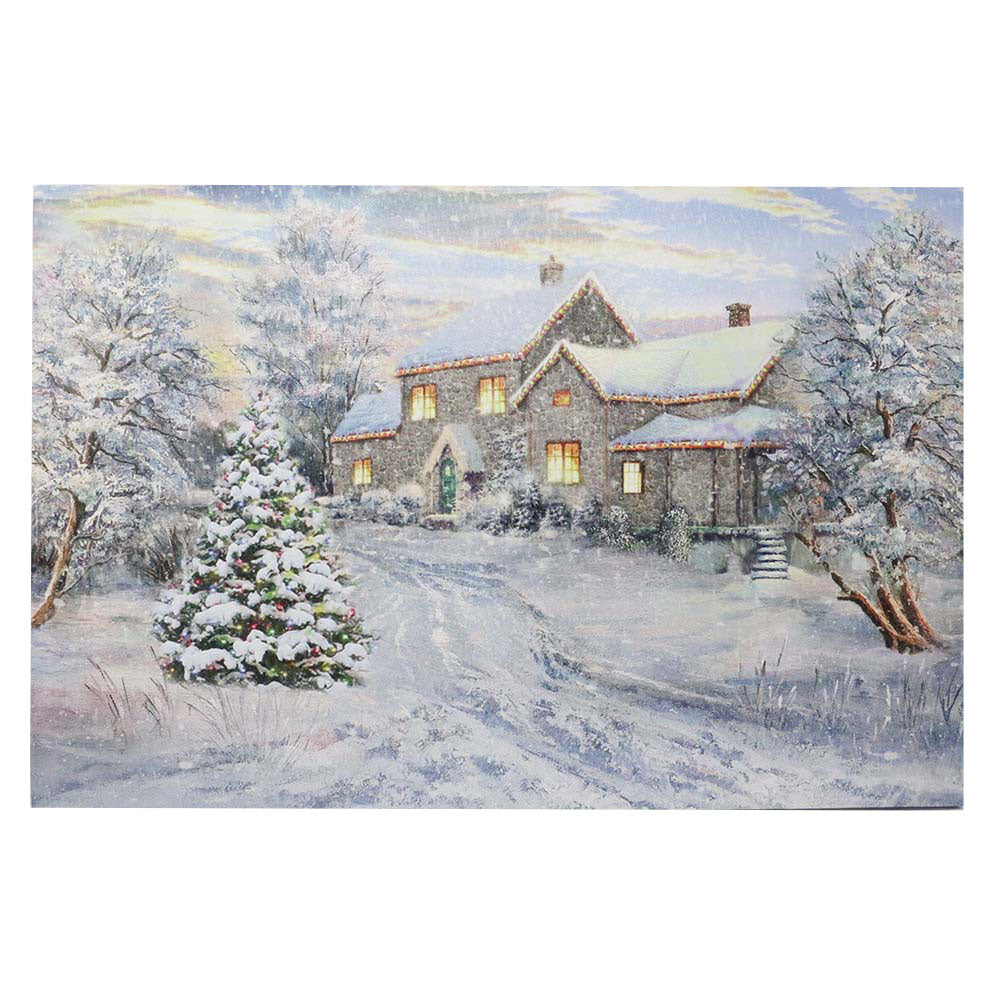 Quadro luminoso nevicata su baita con albero di Natale 60x40cm 1