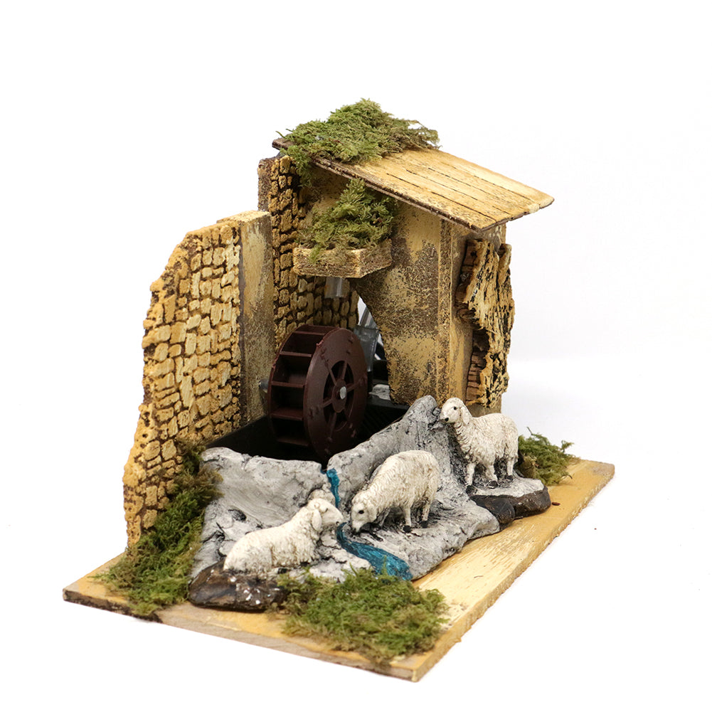 Mulino ad acqua in gesso con ruscello e pecore 23x13x15cm 3