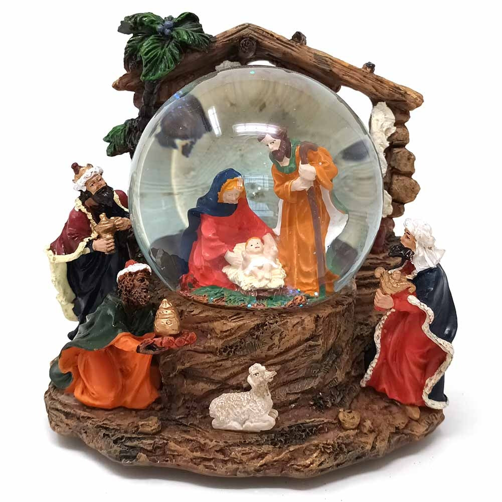 Boule de Neige Carillon Natività con Re Magi e capanna 15x17x13 cm 1