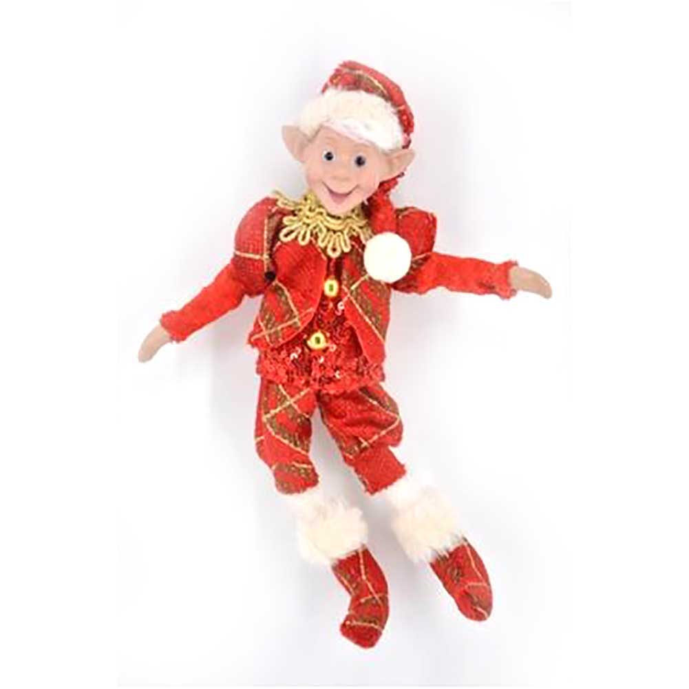 Elfo rosso con pailettes e glitter oro flessibile e modellabile da appendere 90cm 1