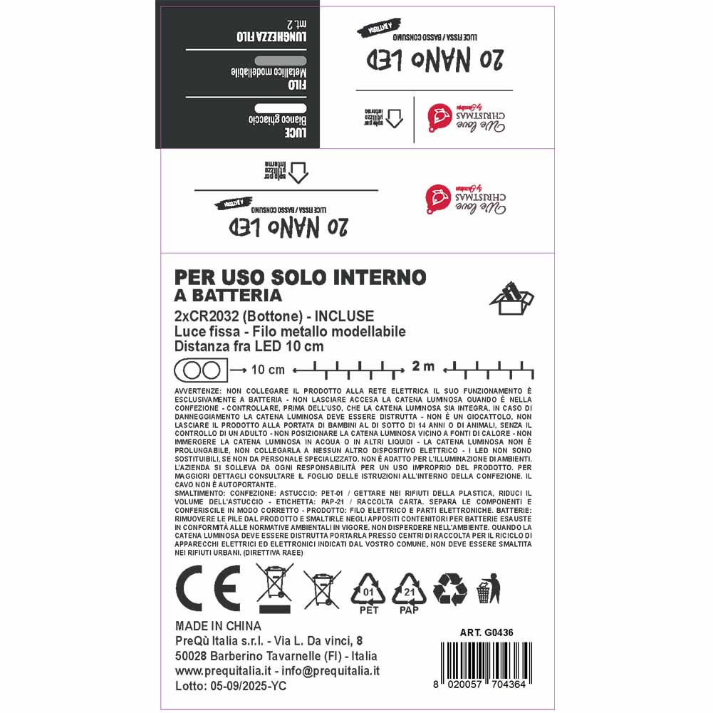 Catena luminosa a batteria 20 Nano led bianco ghiaccio e luce fissa con filo modellabile 2