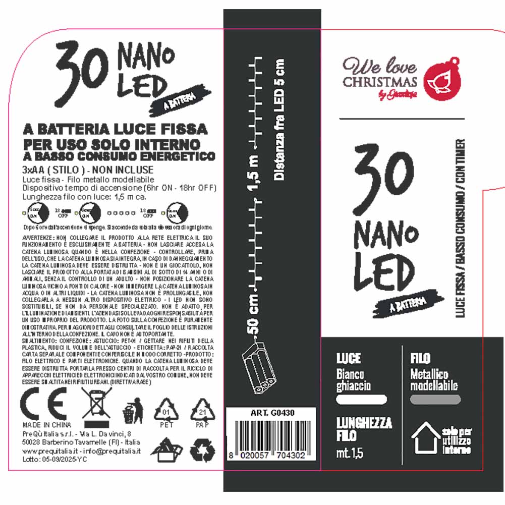 Catena luminosa a batteria 30 Nano led bianco ghiaccio con filo modellabile 3