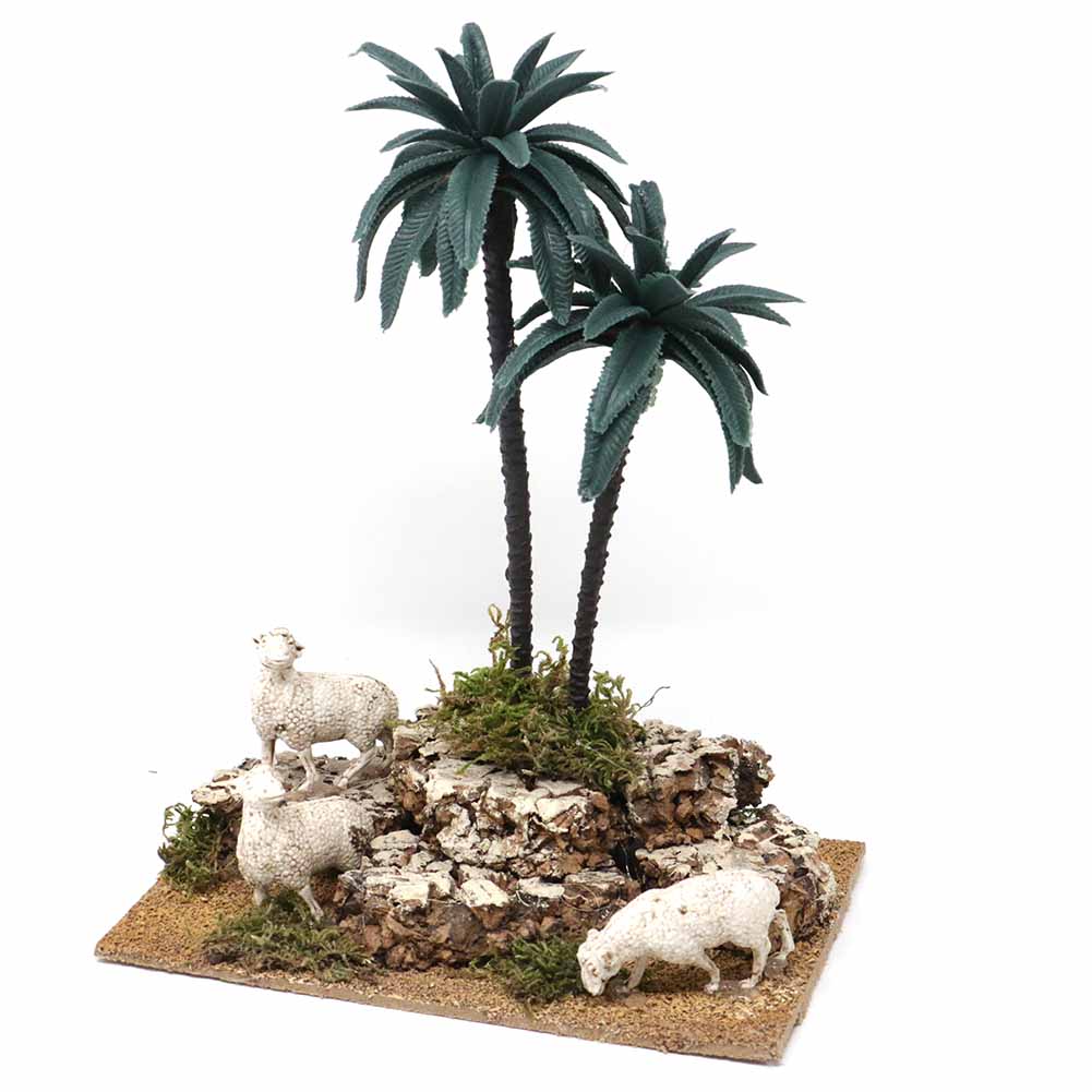 Ambiente con palme sassi e pecore 17x12x23cm 1