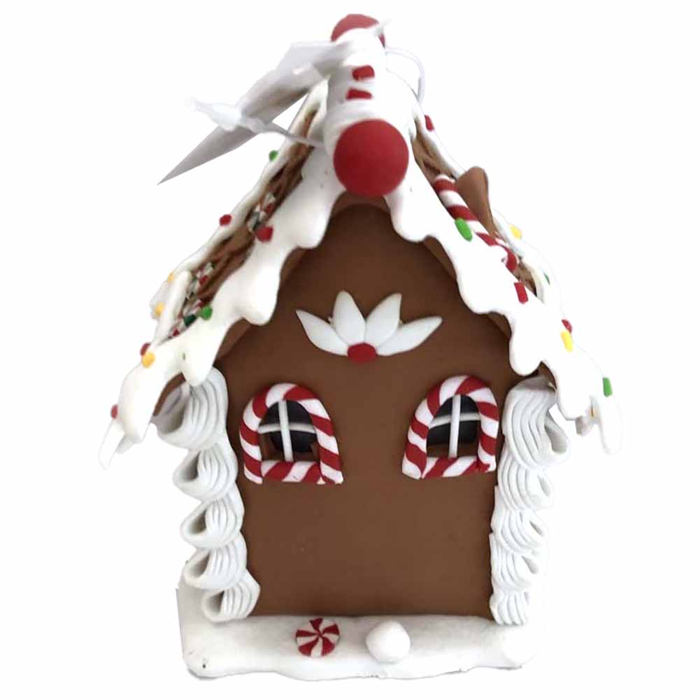 Casetta di marzapane con Babbo natale davanti alla porta 10x8x14cm 1