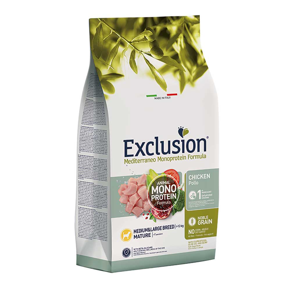 Alimento secco per cani Mature large e medium Mediterraneo Pollo 12kg Exclusion 1