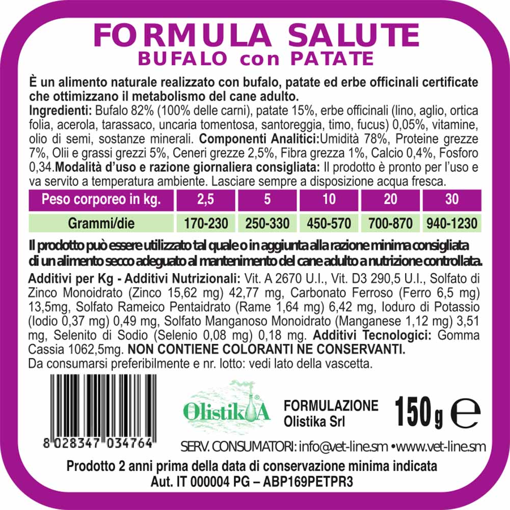 Alimento umido cane adulto Salute bufalo con patate Vet Line 5