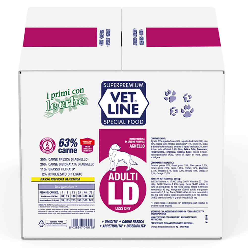 Alimento secco cane adulto Less Dry Agnello Vet Line 1