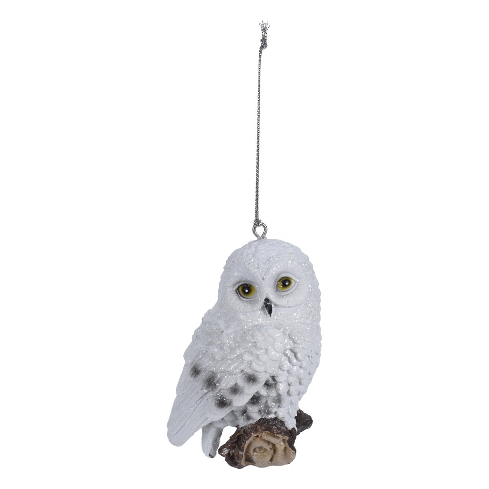 Gufo delle nevi su tronco da appendere in resina glitterata 9 cm – 1 pezzo, design assortito 1