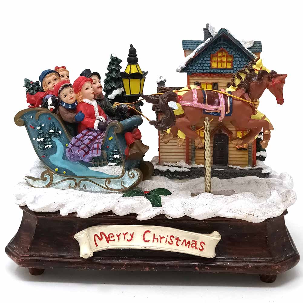 Carillon Casa con slitta e cavallo in movimento 17x9x12cm 1