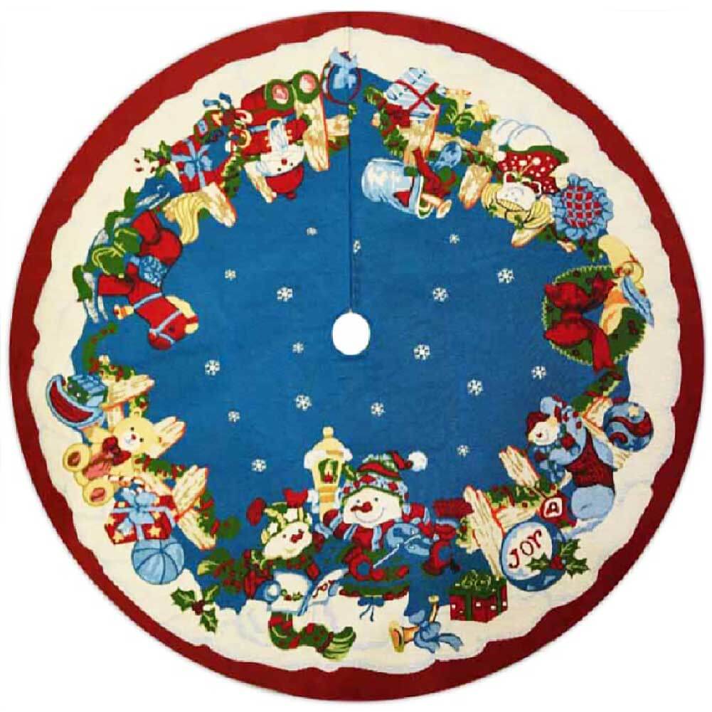 Copribase albero di Natale arazzo blu con pupazzi di neve e giochi 132cm 1