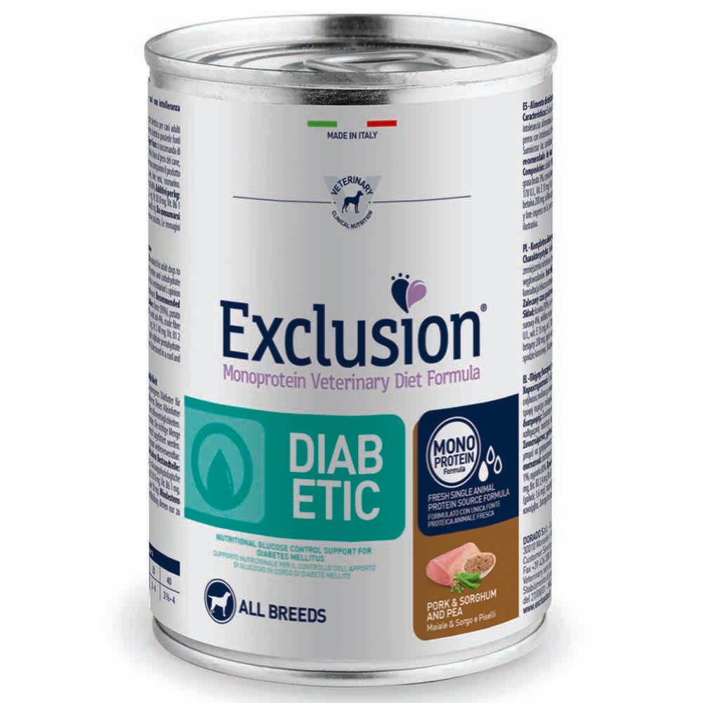 Exclusion Diabetic Maiale Sorgo e Piselli 400g per Cani Adulti 1