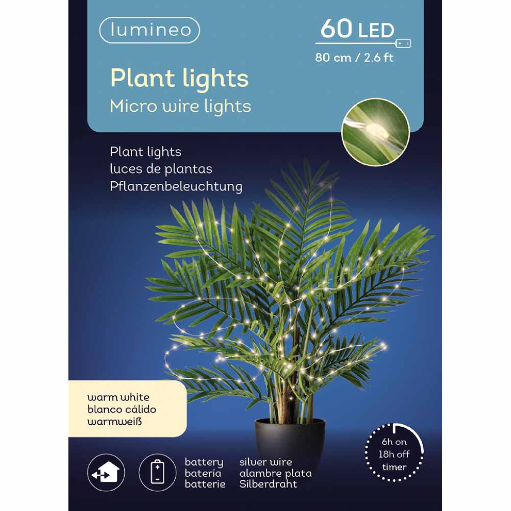 Catena luminosa a batteria per piante 60 micro led luce calda e fissa filo argento 0,8m 1