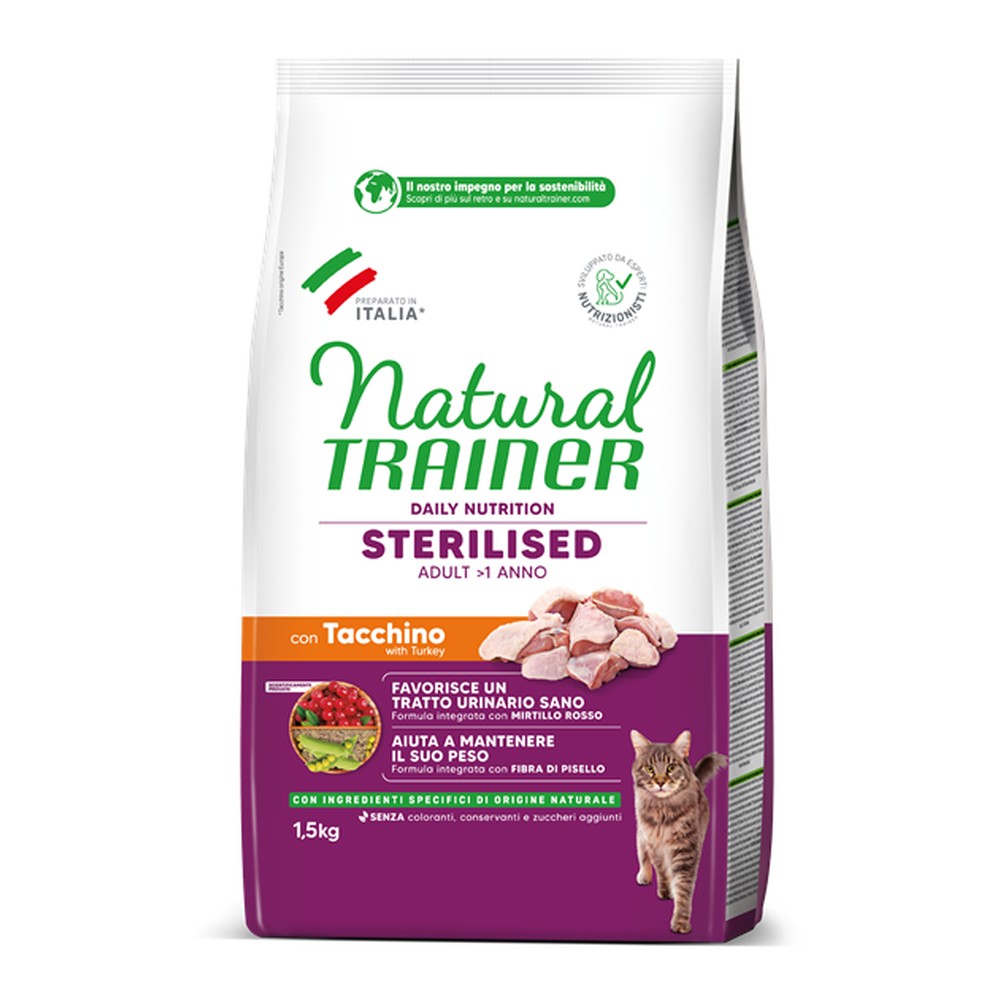 Cibo Secco Natural Trainer Sterilised Adult con Tacchino per Gatti 1,5kg 1