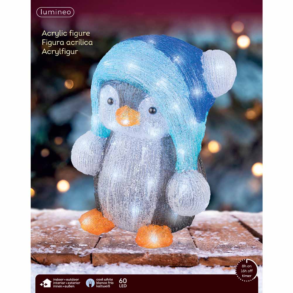 Figura luminosa Pinguino con cappello blu 60 led bianco ghiaccio 33cm 1