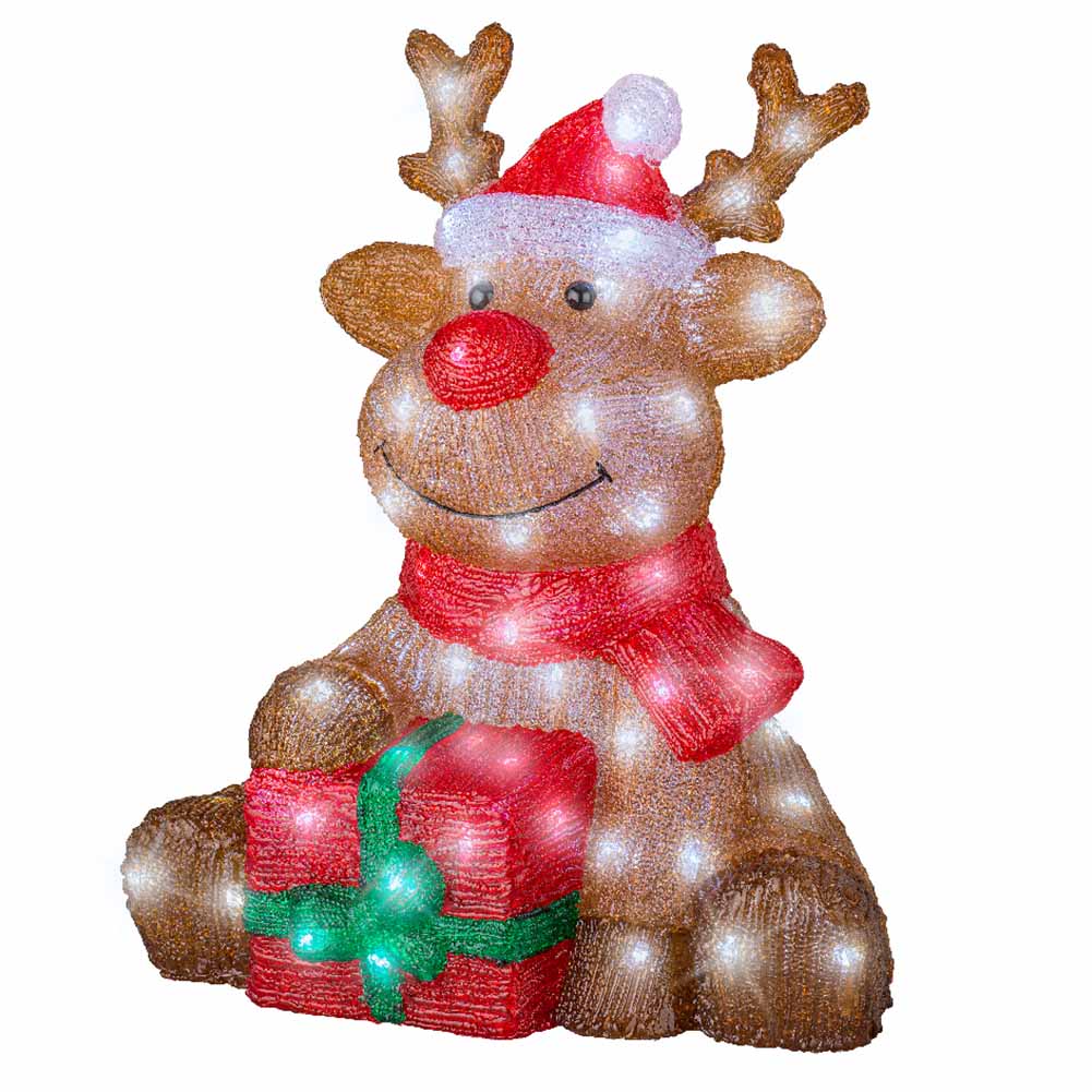 Figura luminosa Renna seduta con pacchetto 80 led bianco ghiaccio h44,5cm 2
