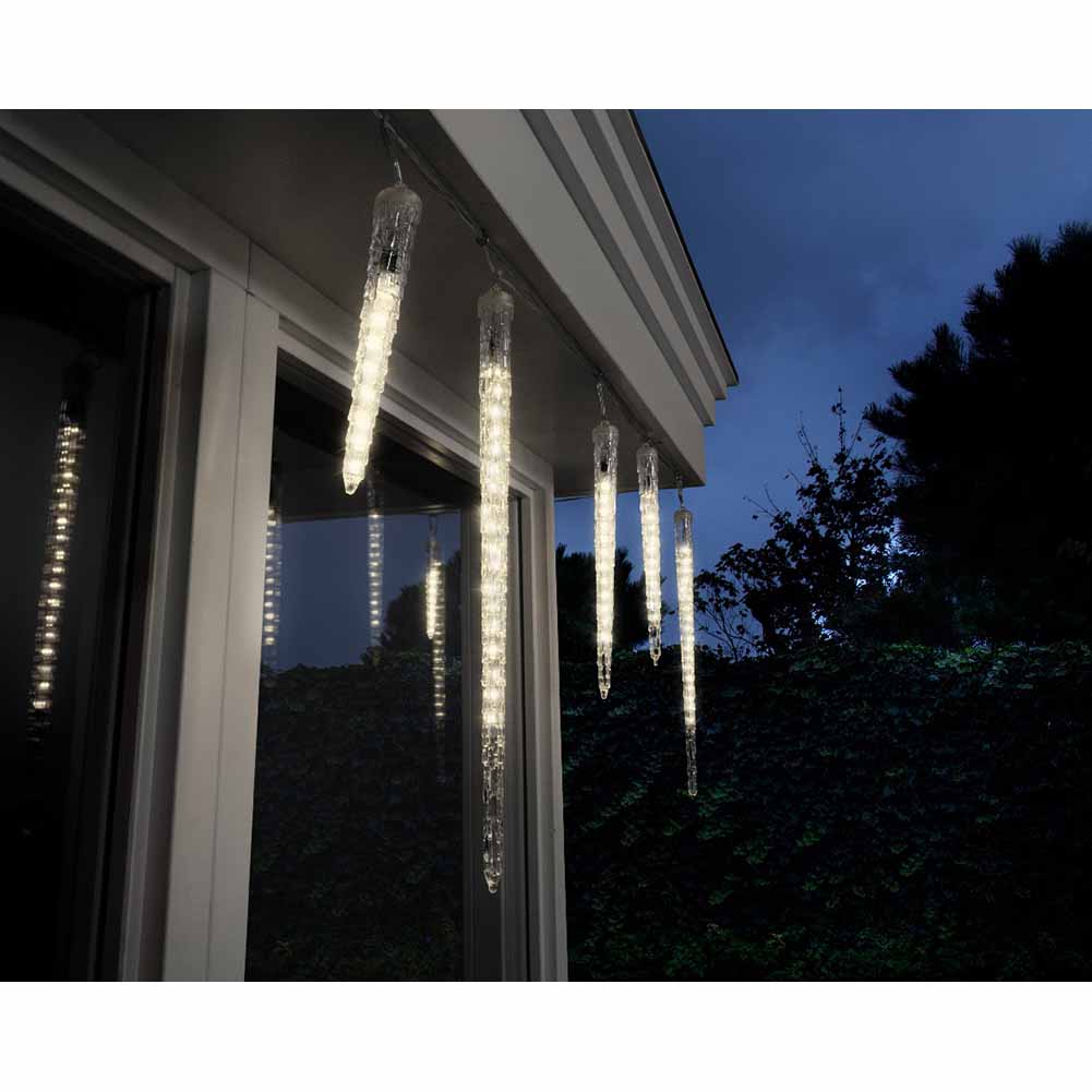 Tenda luminosa 6 stalattiti 148 led luce calda effetto neve che cade filo trasparente 250xh42cm 3