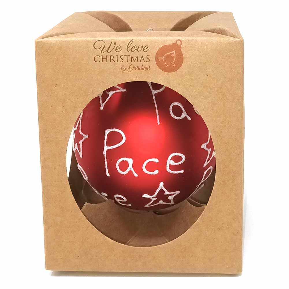 Pallina di Natale in vetro 10cm Rosso opaco scritta Pace 1