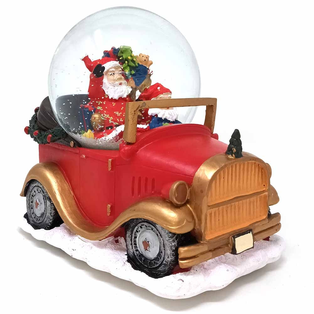 Boule de neige carillon Auto rossa con Babbo Natale e elfo 17,5x12,3x15cm 1