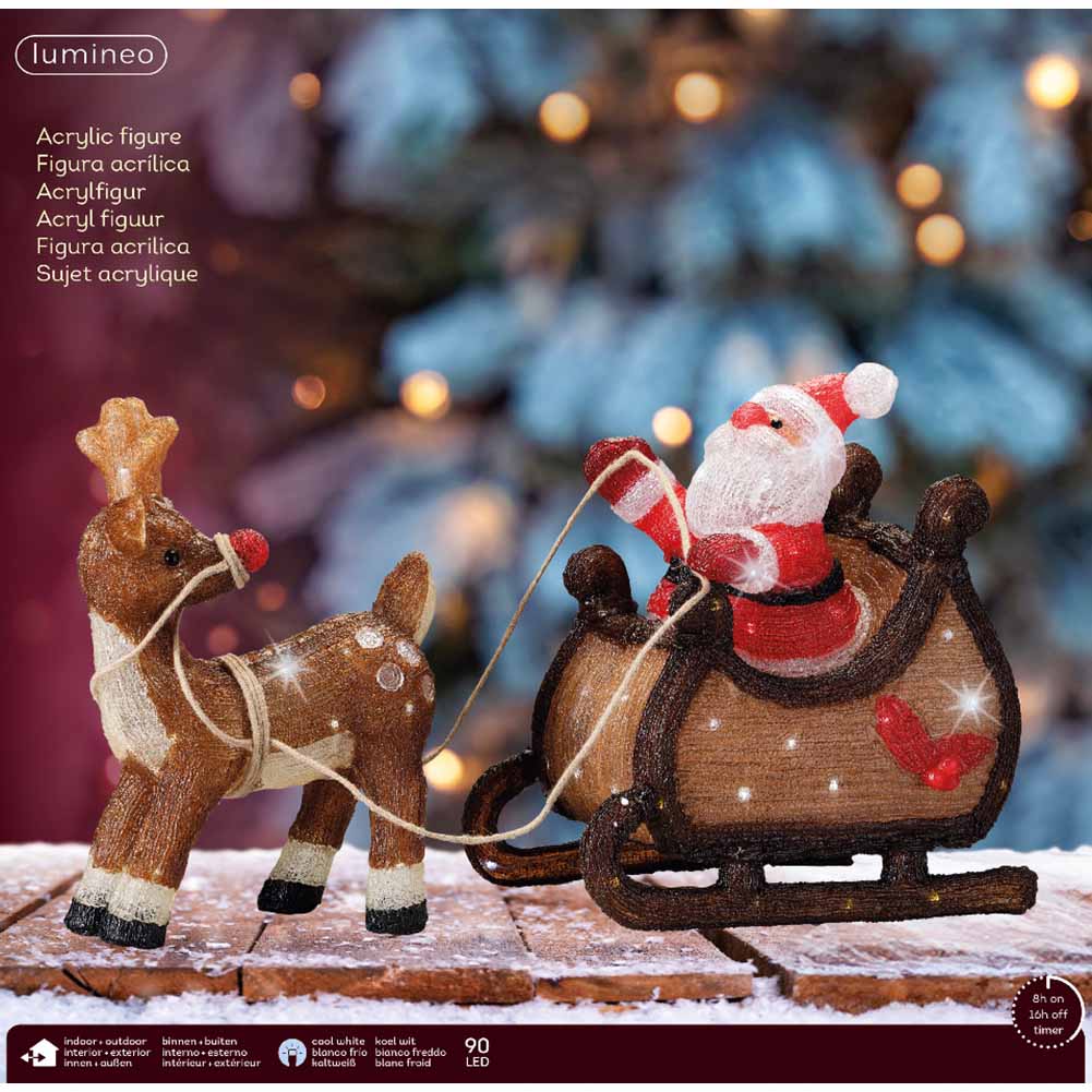 Figura luminosa Babbo Natale su slitta con renna 90 led bianco ghiaccio 47cm 1