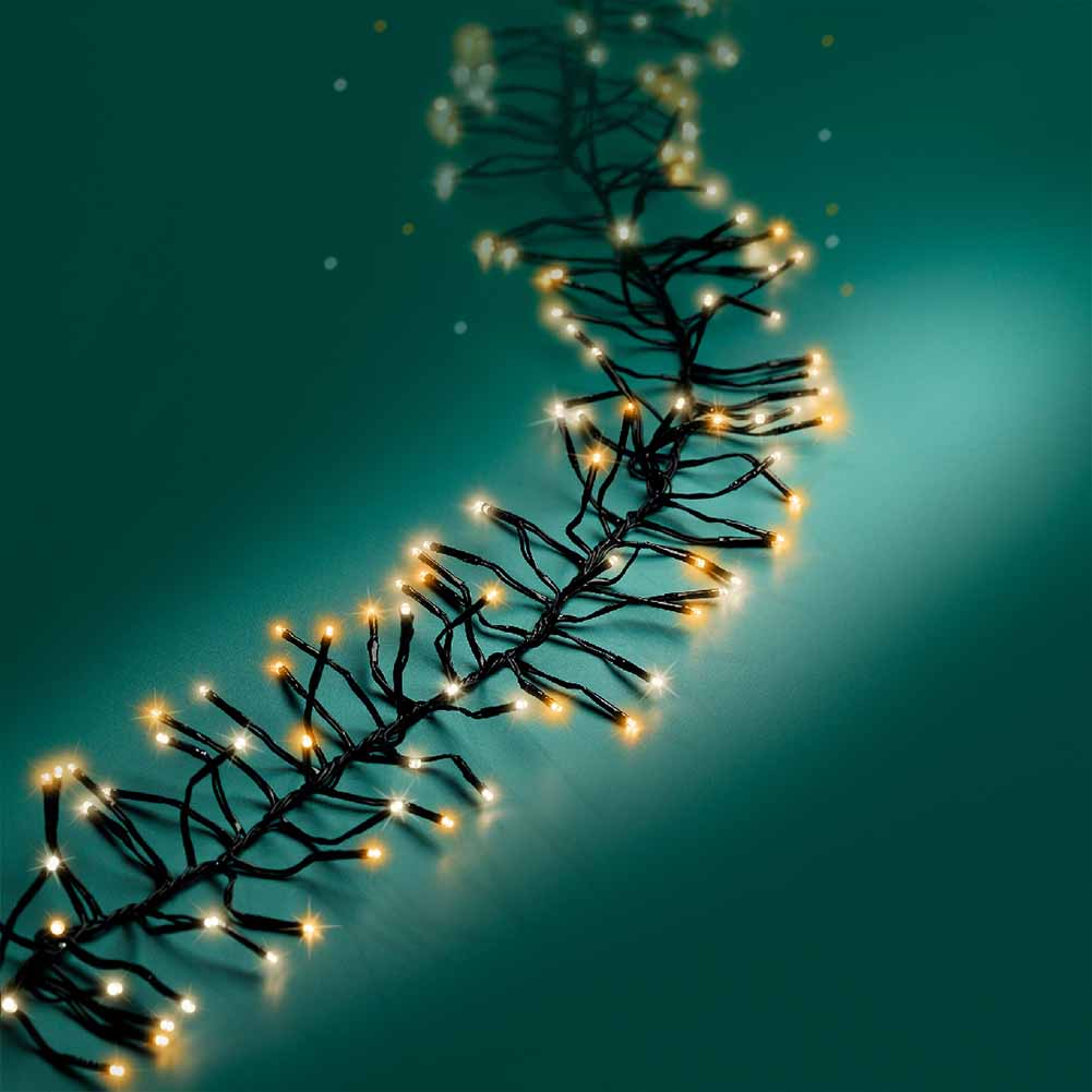 Catena luminosa Cluster 3000 led mix luce calda e classica filo nero con giochi di luce 28m 2