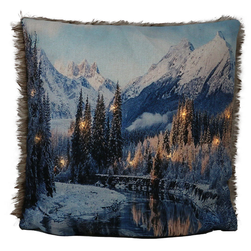Cuscino luminoso paesaggio montuoso innevato con pelliccia 45x45cm 3