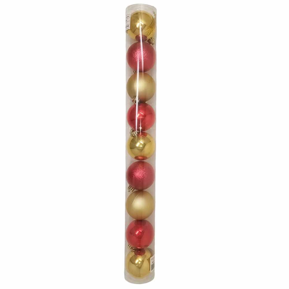 Tubo 9 palline di Natale di plastica 6 cm Mix Rosso e Oro 1