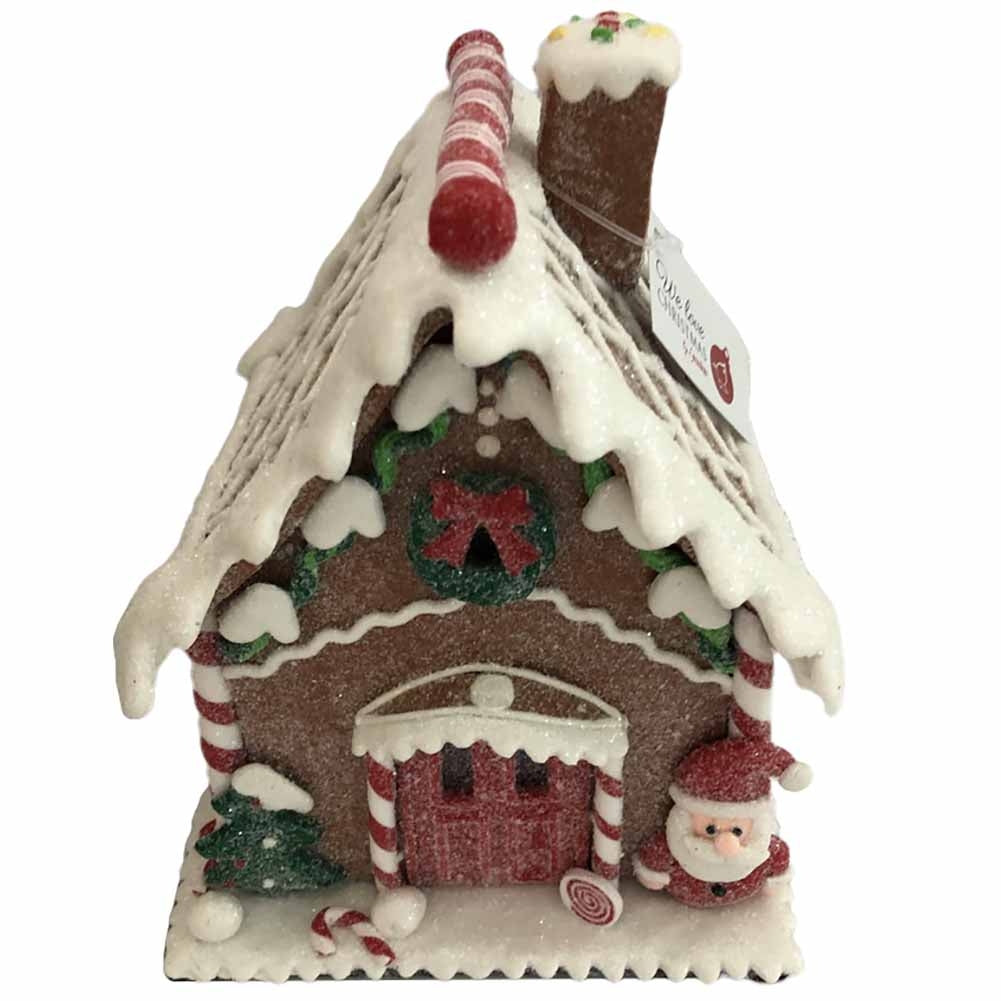 Casetta di marzapane con Babbo natale davanti alla porta 13x13x17cm 1