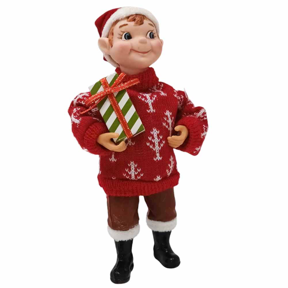 Elfo con maglione rosso e regalo 18 cm 1
