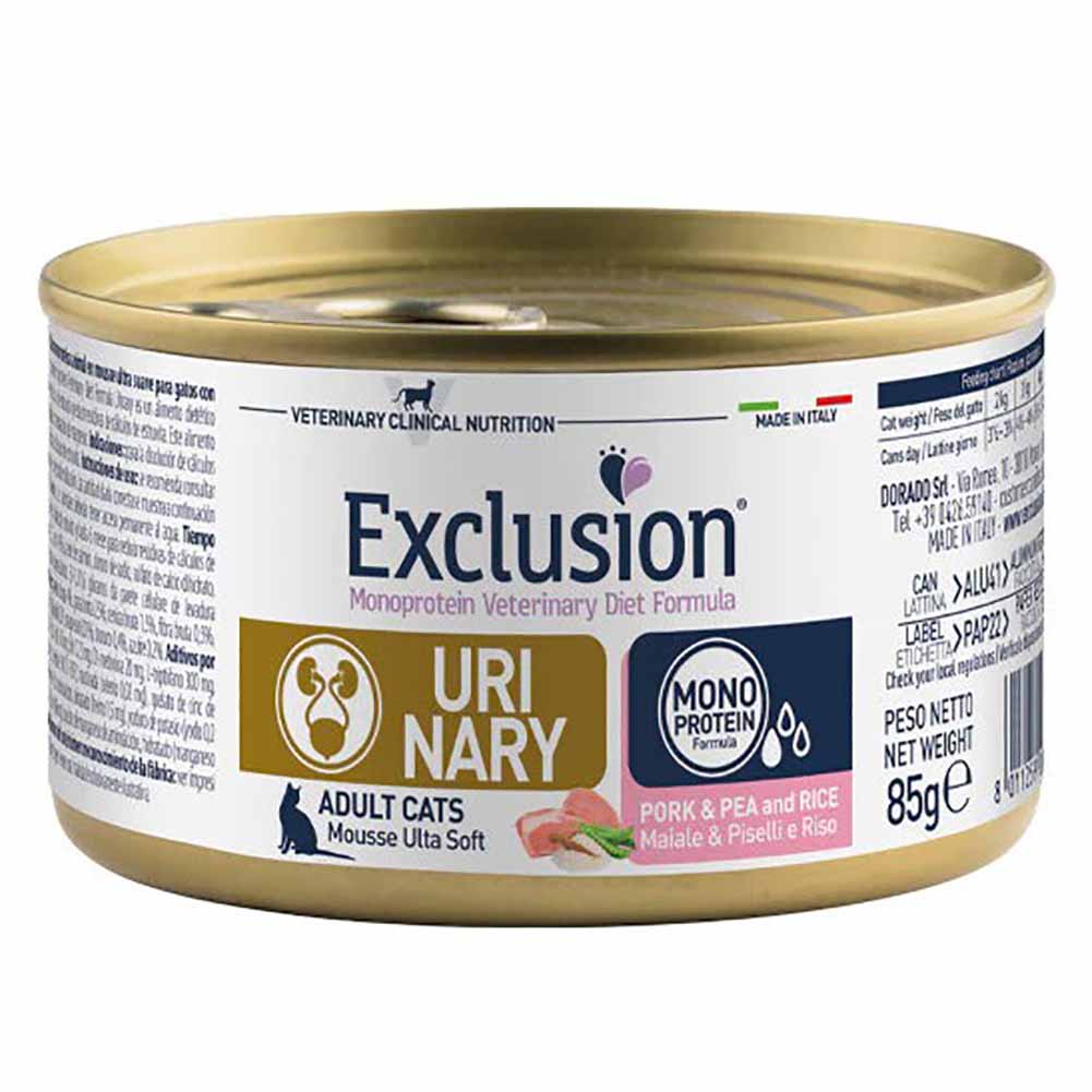 Exclusion Urinary Maiale Piselli e Riso 85g per Gatti Adulti 1