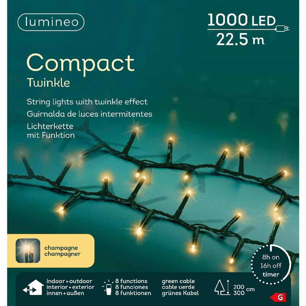 Catena luminosa 1000 led compact soft gold champagne filo verde con giochi di luce 22,5m 1