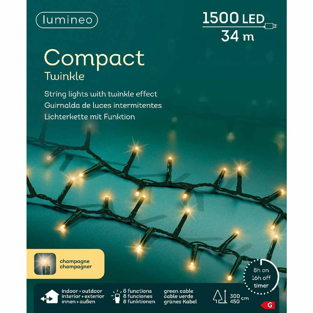 Catena luminosa 1500 led compact champagne filo verde con giochi di luce 34m 1