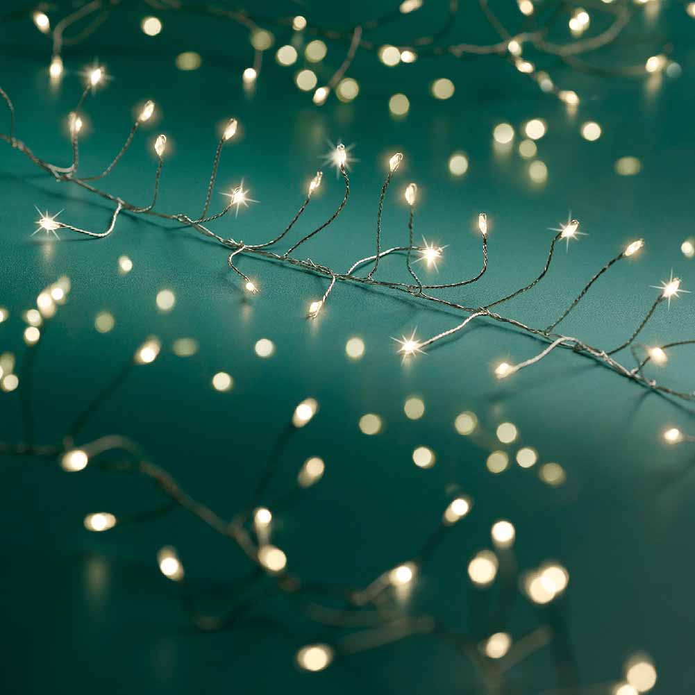 Catena luminosa a batteria 160 Micro led compact luce calda filo argento con giochi di luce 2m 2