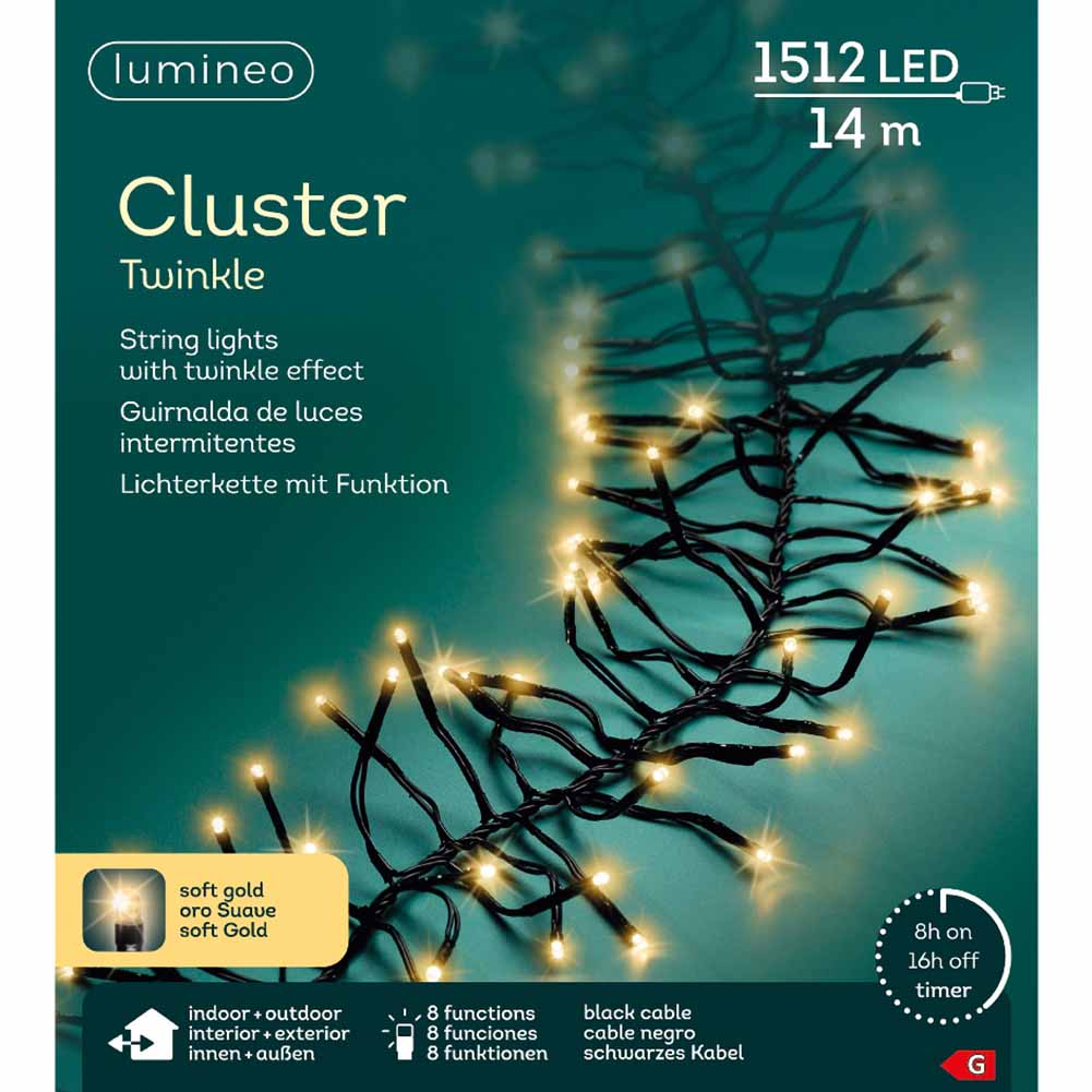 Catena luminosa Cluster 1512 led Champagne filo nero con giochi di luce 14m 1