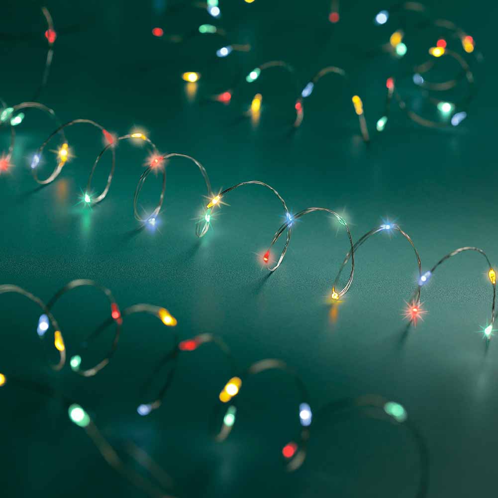Catena luminosa a batteria 20 Micro led multicolor filo argento con giochi di luce 0,95m 1