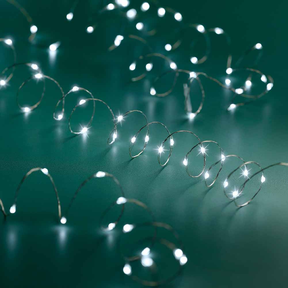 Catena luminosa a batteria 20 Micro led bianco ghiaccio filo argento con giochi di luce 0,95m 1