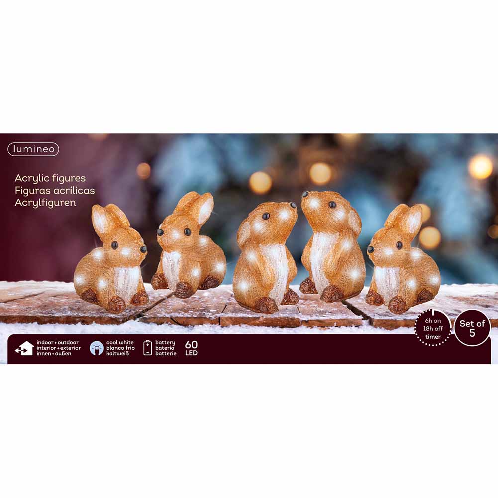 Figura luminosa a batteria 5 conigli 60 led luce bianco ghiaccio h14cm 1