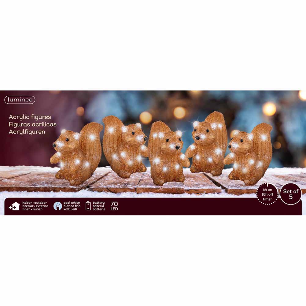Figura luminosa a batteria 5 scoiattoli 70 led luce bianco ghiaccio h13cm 1