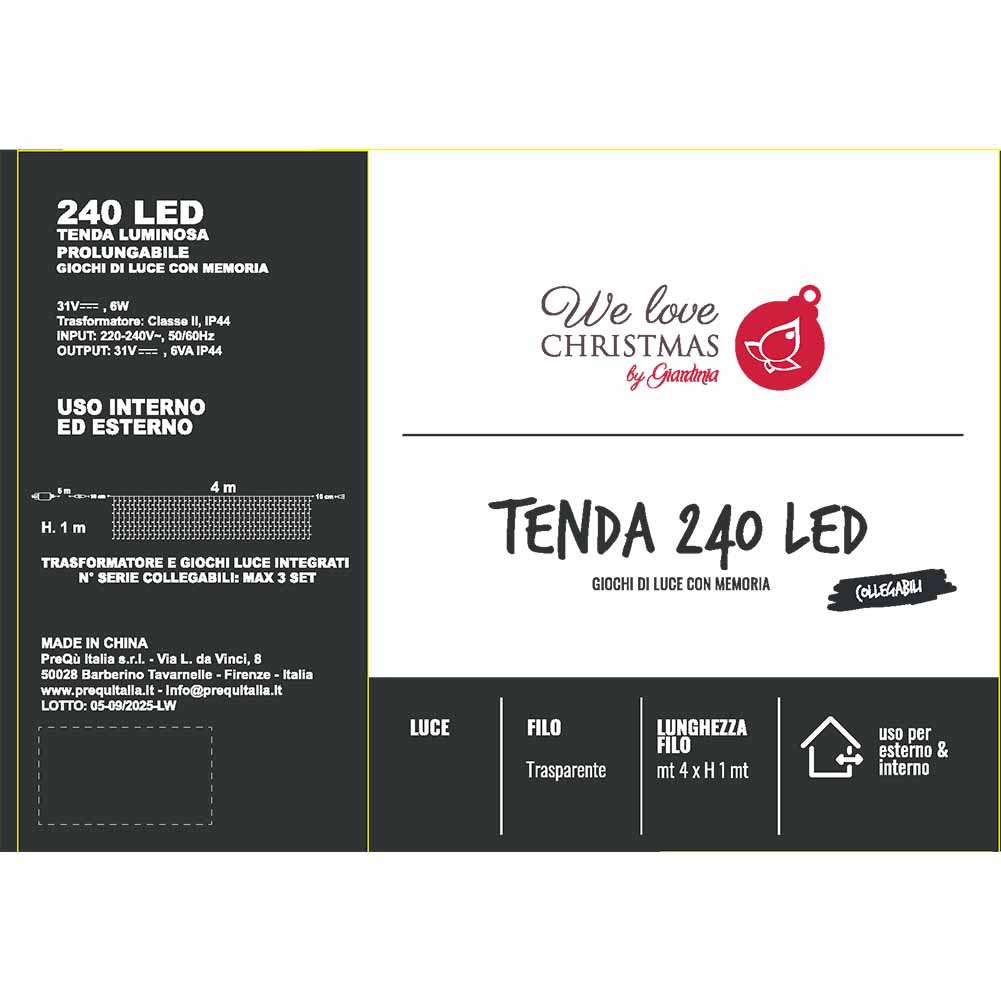 Tenda luminosa 240 led luce calda 4x1m filo trasparente con giochi di luce prolungabile 3