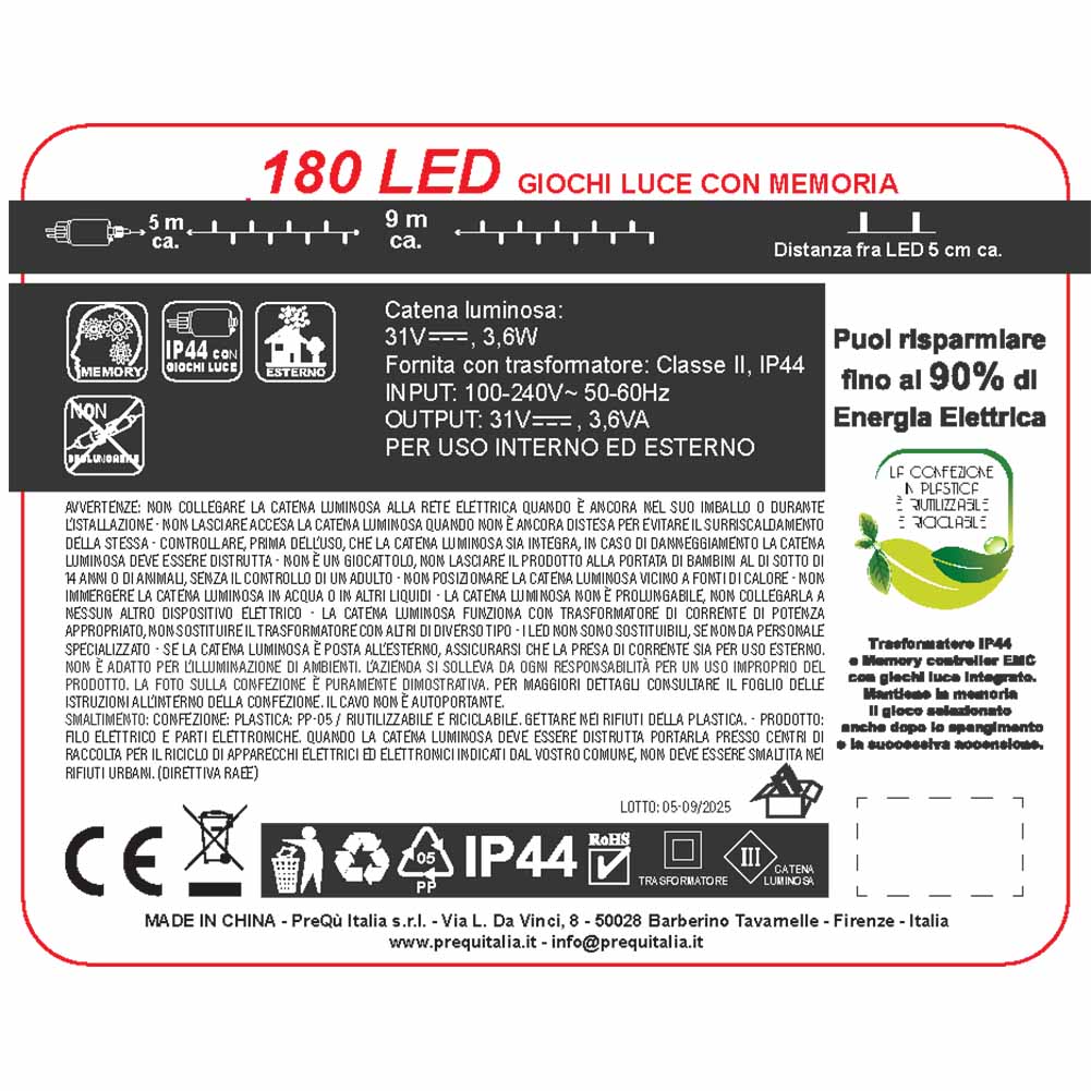 Catena luminosa 180 led multicolor con giochi di luce filo verde 3