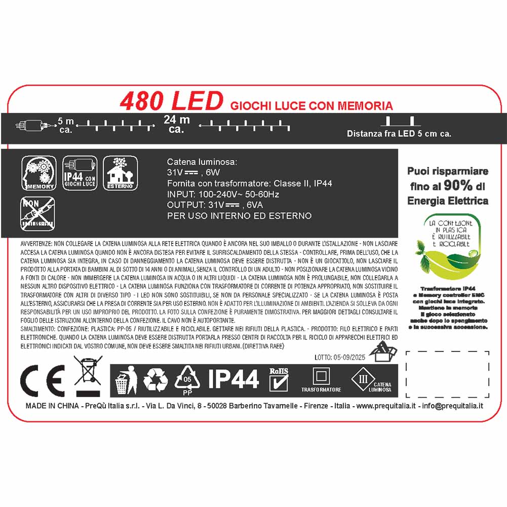 Catena luminosa 480 led Luce calda con giochi di luce filo verde 3