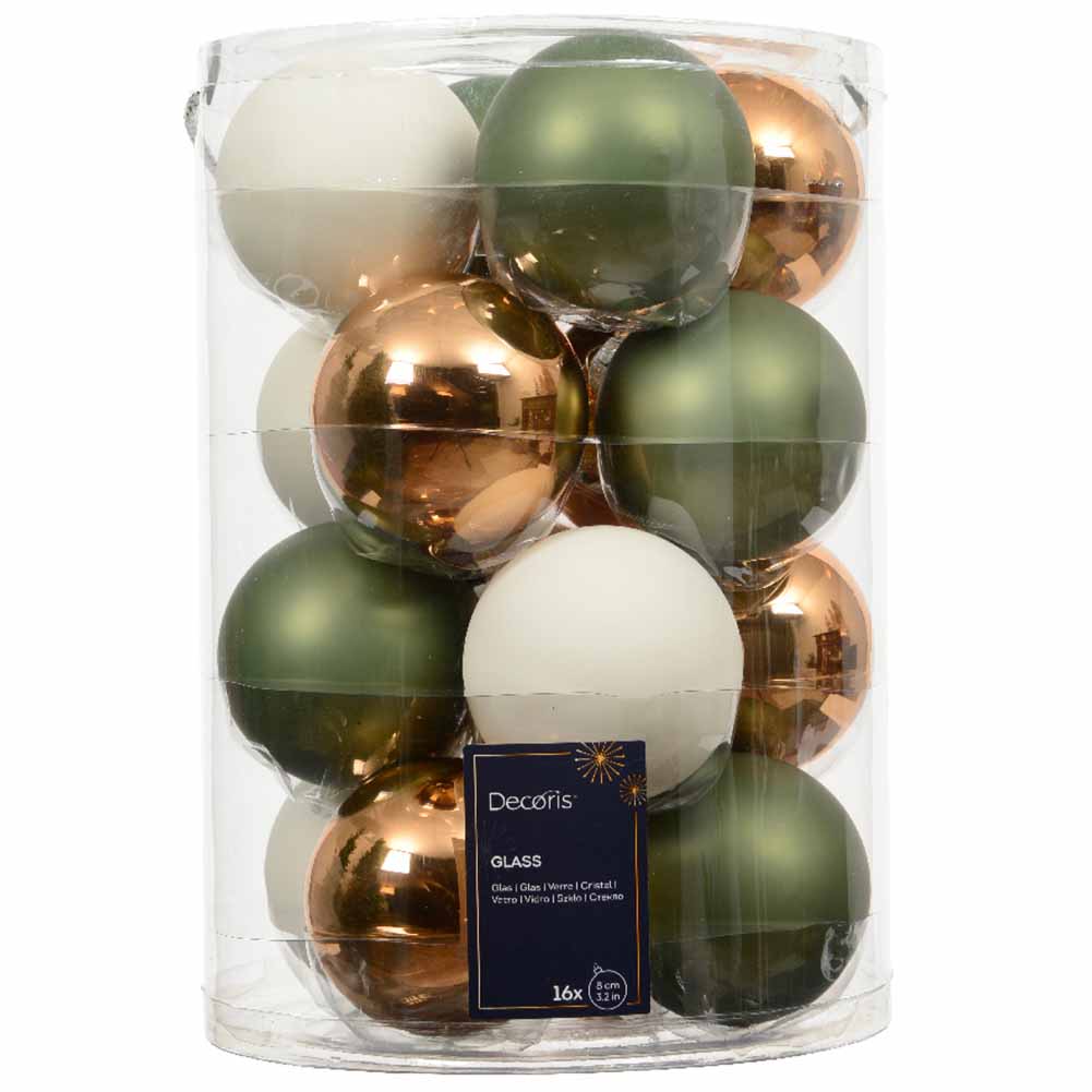 Confezione di 16 palline di Natale in vetro Mix Bianco verde e Marrone 8cm 1