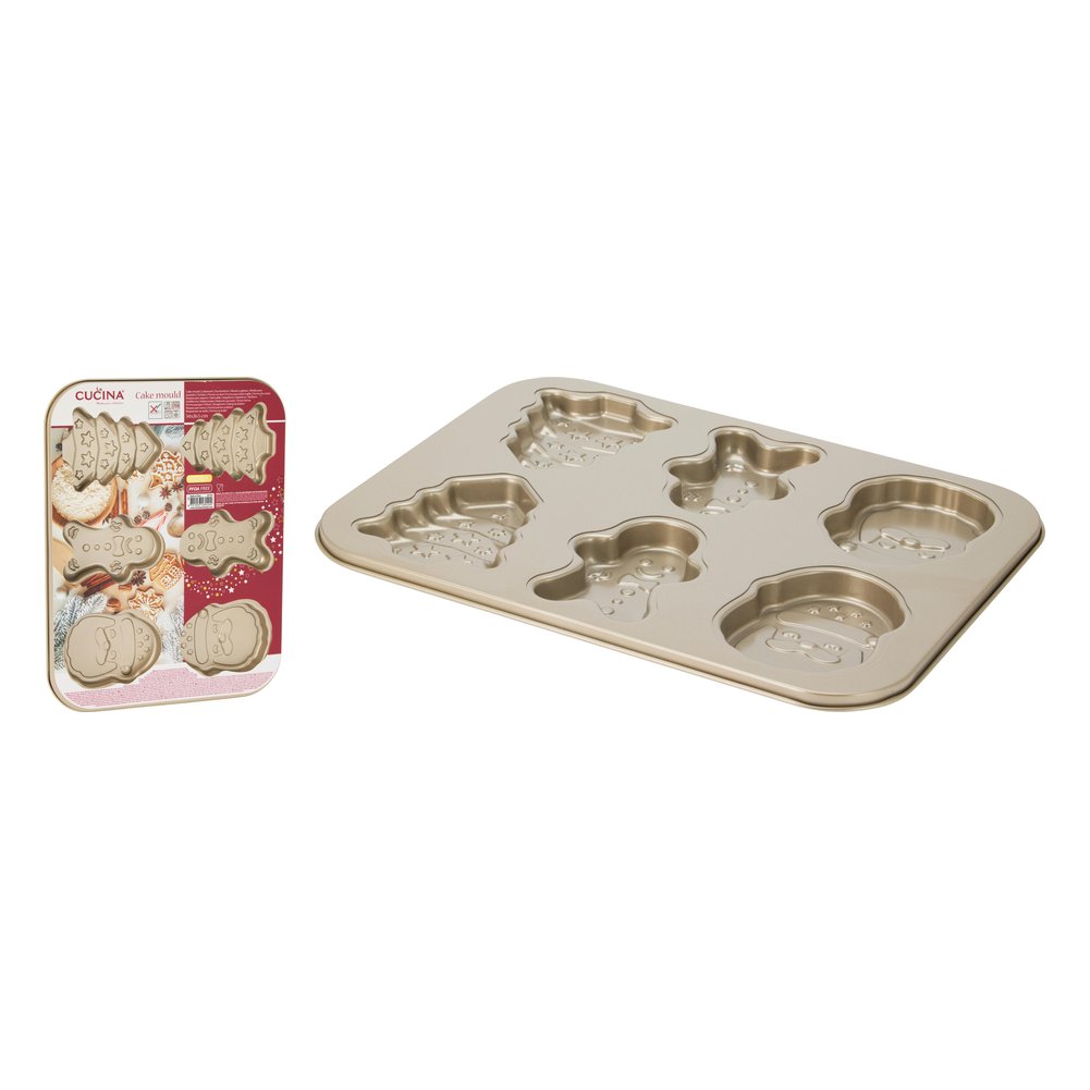 Teglia antiaderente per dolci natalizi 6 forme color oro champagne 35x26,5 cm 1