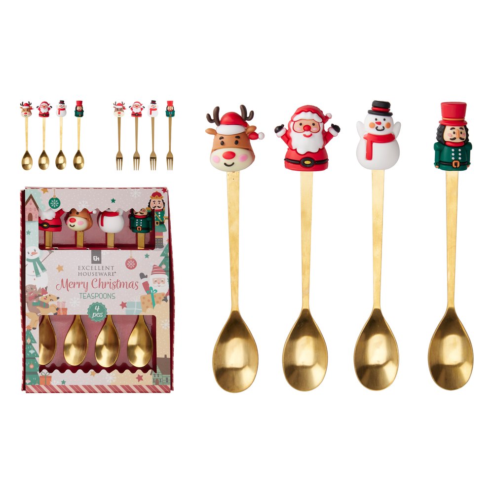 Set 4 cucchiaini o 4 forchettine da dolce natalizi color oro – foto 1: i 2 modelli disponibili